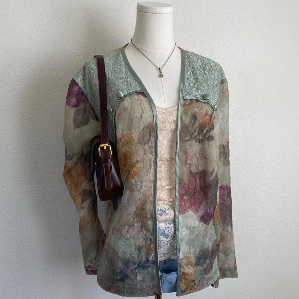 Vintage Dress Barn Woman Green Floral Lace Mesh Sheer Cardigan Jacket - Picture 2 of 6